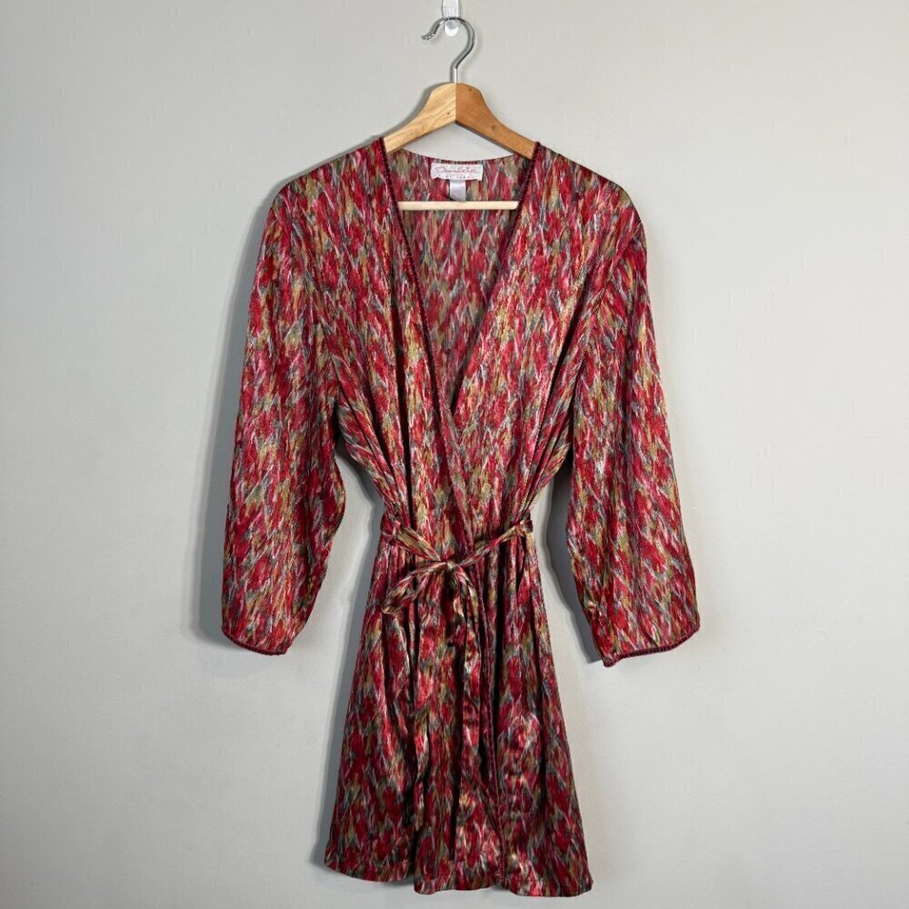 Vintage Oscar de la Renta Pink Label Printed Satin Robe Women's Large Red Belted - Picture 2 of 12